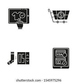 Online store app glyph icons set. Searching goods, choose product number. Payment by credit card. Digital shopping. Merchandise and consumerism. Silhouette symbols. Vector isolated illustration