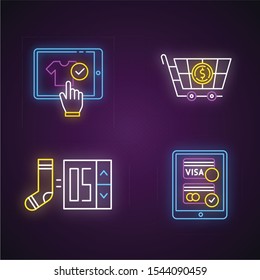 Online store app neon light icons set. Searching goods, choose product number. Payment by credit card. Digital shopping. Merchandise and consumerism. Glowing signs. Vector isolated illustrations