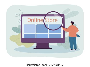 Online store app on computer screen flat vector illustration. Tiny man looking at screen through magnifier. Ecommerce, online shopping, market concept for banner, website design or landing web page
