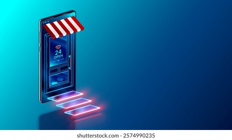 Online store app on screen phone concept. Smartphone turned into internet store or shop. Online market, e-commerce. Supermarket smartphone of purchases. Online store door. Online shopping concept.