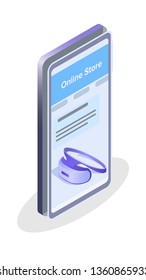 Online Store Application Isometric Illustration. Internet Gadgets Ordering Advertising. Realistic Virtual Reality Headset, Hi-Tech Device on Phone Screen. Ecommerce, Eshop Promotion Design Element