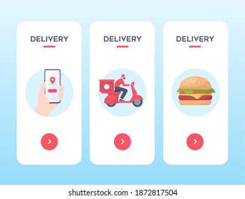 Online store application.
Side screens for food delivery.
Vector illustration. Phone in hand. Food delivery man. Burger.