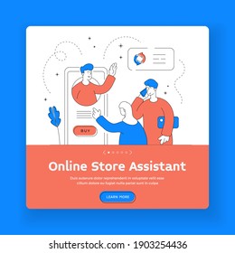 Online store assistant square banner template. Man and woman browsing online store application on modern smartphone and making call to assistant while shopping online. Flat style illustration