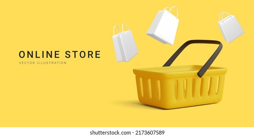 Online Store Banner With Shopping Cart And White Gift Bags. 3d Realistic Vector Illustration