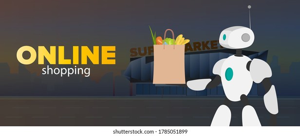 Online store of banners. The robot is holding a bag in his hands. Online shopping and delivery concept. Vector.