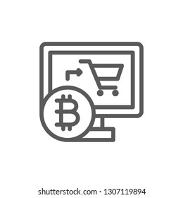 Online store with bitcoin, cryptocurrency, crypto coin line icon.