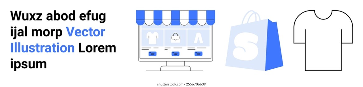 An online store with a blue and white striped awning on a screen. Next to it a shopping bag and a tshirt icon. Ideal for ecommerce, online shopping, fashion retail, digital marketing, website