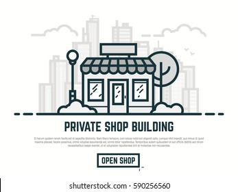 Online store building. Big city with skyscrapers on background. Line outline vector illustration. Tree and bushes with street lamp and cloud. Trendy linear retro color style.
