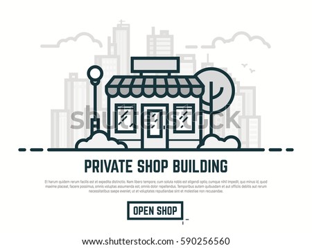 Online store building. Big city with skyscrapers on background. Line outline vector illustration. Tree and bushes with street lamp and cloud. Trendy linear retro color style.