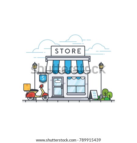 Online store building. Store front and scooter delivery. Street local retail shop building. Vector illustration