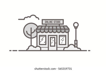 Online store building. Line outline vector illustration. Tree and bushes with street lamp and cloud. Trendy linear retro color style.