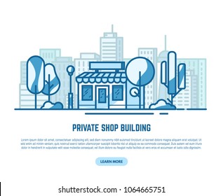 Online store building. Store building near park with trees and big city skyscrapers on background. Flat vector linear illustration. Tree and bushes with street lamp. Trendy line style vector.