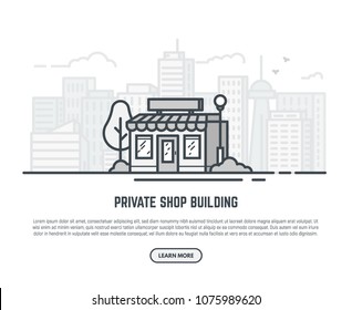 Online store building. Store building near park with trees and big city skyscrapers on background. Flat vector linear illustration. Tree and bushes with street lamp. Trendy line style vector.