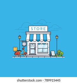 Online store building on blue background. Store front and scooter delivery. Street local retail shop building. Vector illustration