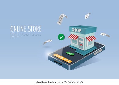 Tienda en línea que construye en el App móvil con servicio seguro. Tienda de construcción en el teléfono inteligente. Tienda minorista en línea y entrega, comercio electrónico. Vector 3D.