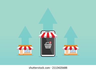 Online store business is growing higher, start selling product online, open shop online, virtual store, Vector illustration design concept in flat style