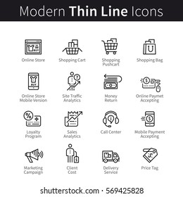 Online store business and shopping support set. Mobile storefront marketing, payments & purchase. Thin black line art icons. Linear style illustrations isolated on white.