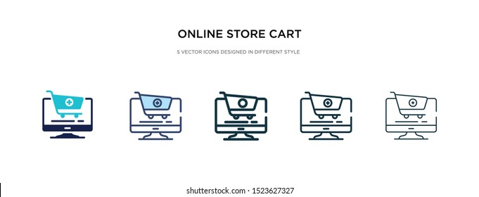 online store cart icon in different style vector illustration. two colored and black online store cart vector icons designed in filled, outline, line and stroke style can be used for web, mobile, ui