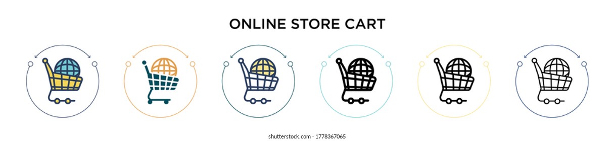 Online store cart icon in filled, thin line, outline and stroke style. Vector illustration of two colored and black online store cart vector icons designs can be used for mobile, ui, web