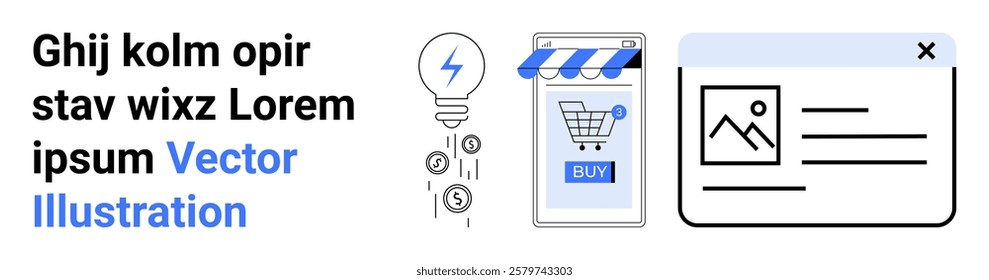 Online store cart with a lightbulb and web interface design elements. Ideal for e-commerce, digital marketing, web design, online business, and innovation. Banner for landing page