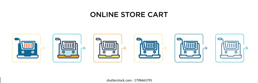 Online Shop Warenkorb Vektorsymbol in 6 verschiedenen modernen Stilen. Schwarze, zweifarbige Online-Shop-Symbole, die in voller Umriss-, Linien- und Strichform entworfen wurden. Vektorgrafik kann für Web, 