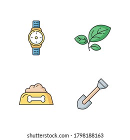 Online store categories RGB color icons set. Hand watch. Man accessories. Plant for seedling. Gardening equipment. Shovel for farming. Leaves of sprout. Isolated vector illustrations