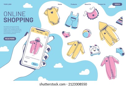 Online store of children's clothing and toys. A man holds a mobile phone in his hand, shows a store website with a product page. Online store on the phone screen. Landing page template.