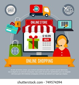Online store composition on grey background with electronic devices, secure payment, 24h delivery service, operator vector illustration 