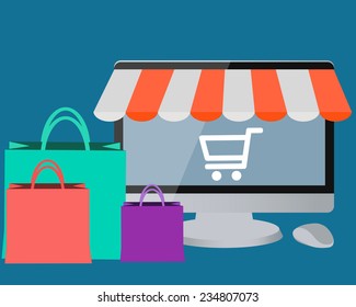 Online store. Computer with cart for shopping and bags. Vector illustration 