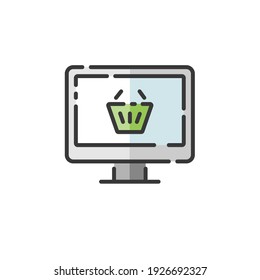 Tienda en línea. Pantalla de ordenador y cesta de compras. Icono de color relleno. Ilustración de vector de comercio
