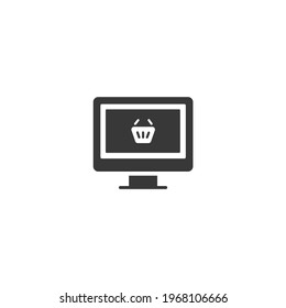 Online store. Computer screen and shopping basket. Isolated icon. Commerce glyph vector illustration