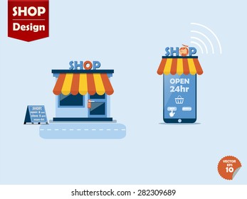 online store concept, comparison between regular store and online store,store with awning and smartphone online shop with awning