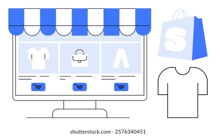 Online store concept with a computer monitor displaying apparel and accessories under a striped awning. A shopping bag and clothing item is beside it. Ideal for e-commerce, retail, marketplaces