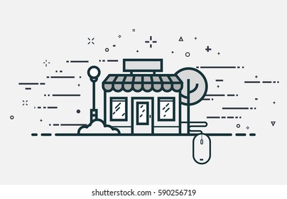 Online store concept. E-commerce building with windows and roof and connected mouse. Flat line style illustration with abstract lines and shapes.