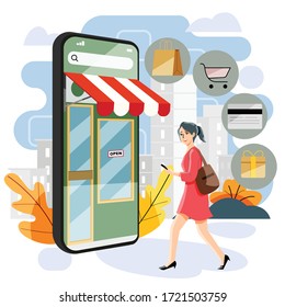 online store concept. ecommerce and onlin shopping. shopping on mobile phone. vector and illustration.