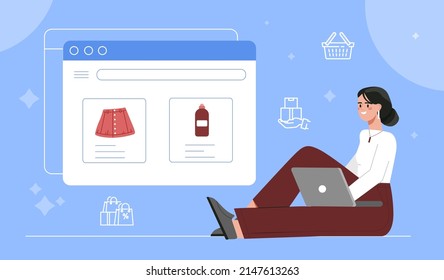 Online store concept. Girl with laptop in her hands buys goods on Internet, shopping and home delivery of goods. Character browsing shop website, modern service. Cartoon flat vector illustration
