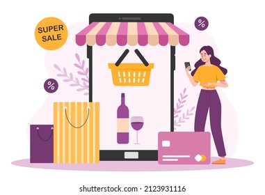 Online store concept. Girl stands near smartphone, online store and shopping. Modern technologies and non cash transfers. Discounts and special deals for customer. Cartoon flat vector illustration