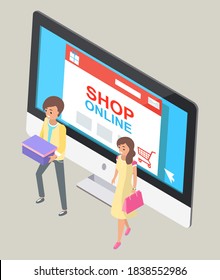 Online store concept. Happy man with box and woman with bag buyer go from the store with purchases. Internet shopping order products from home. Computer monitor with the image of an online store site