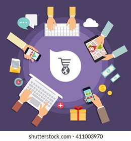Online store concept. Icons for mobile marketing. Hand holding smart phone.  Creative team desktop top view with tablets, stationery and people working together. Modern vector illustration concept.