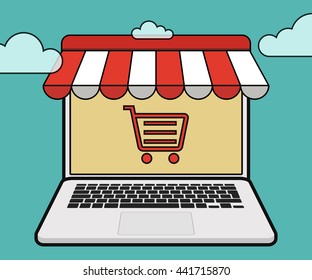 Online store concept illustration. Laptop monitor with awning.