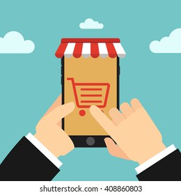 Online store concept illustration. Mobile phone monitor with awning.