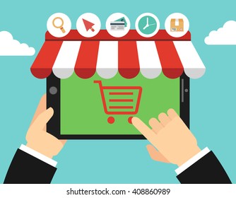 Online store concept illustration. Tablet monitor with awning.