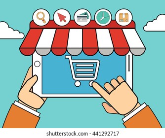 Online store concept illustration. Tablet monitor with awning.