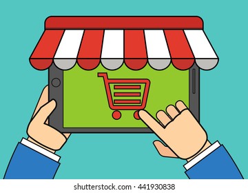 Online store concept illustration. Tablet monitor with awning.