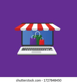 online store concept - laptop and shopping bags .Conceptual vector illustration in flat style design.Isolated on background.