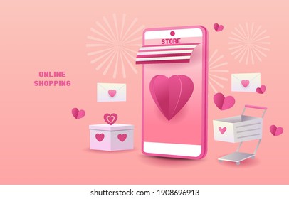 Online Store In The Concept Of Love Or Valentine.Mobile Phones, Hearts, Cart, Love Letter And Gift Boxes Represent Love On A Pink Background.shopping App In The Smartphone. Design For Banner, Ad, Web