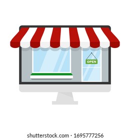 Online store concept on computer screen with striped awning