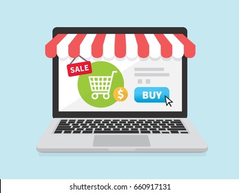 Online store concept on laptop screen with striped awning