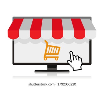 Online-Shop Konzept auf dem Bildschirm, Einkaufswagen, Vektor-Illustration 