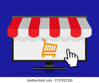 online store concept on screen, shoping cart, vector illustration 